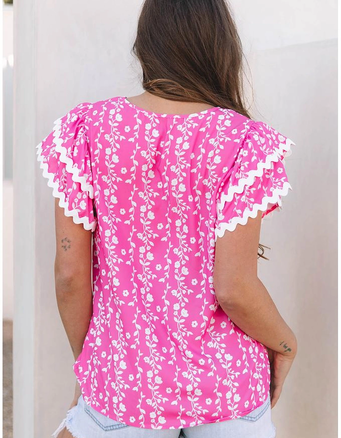 Pink Floral Print Ric-rac Tiered Ruffled V Neck Blouse, 13 of 12