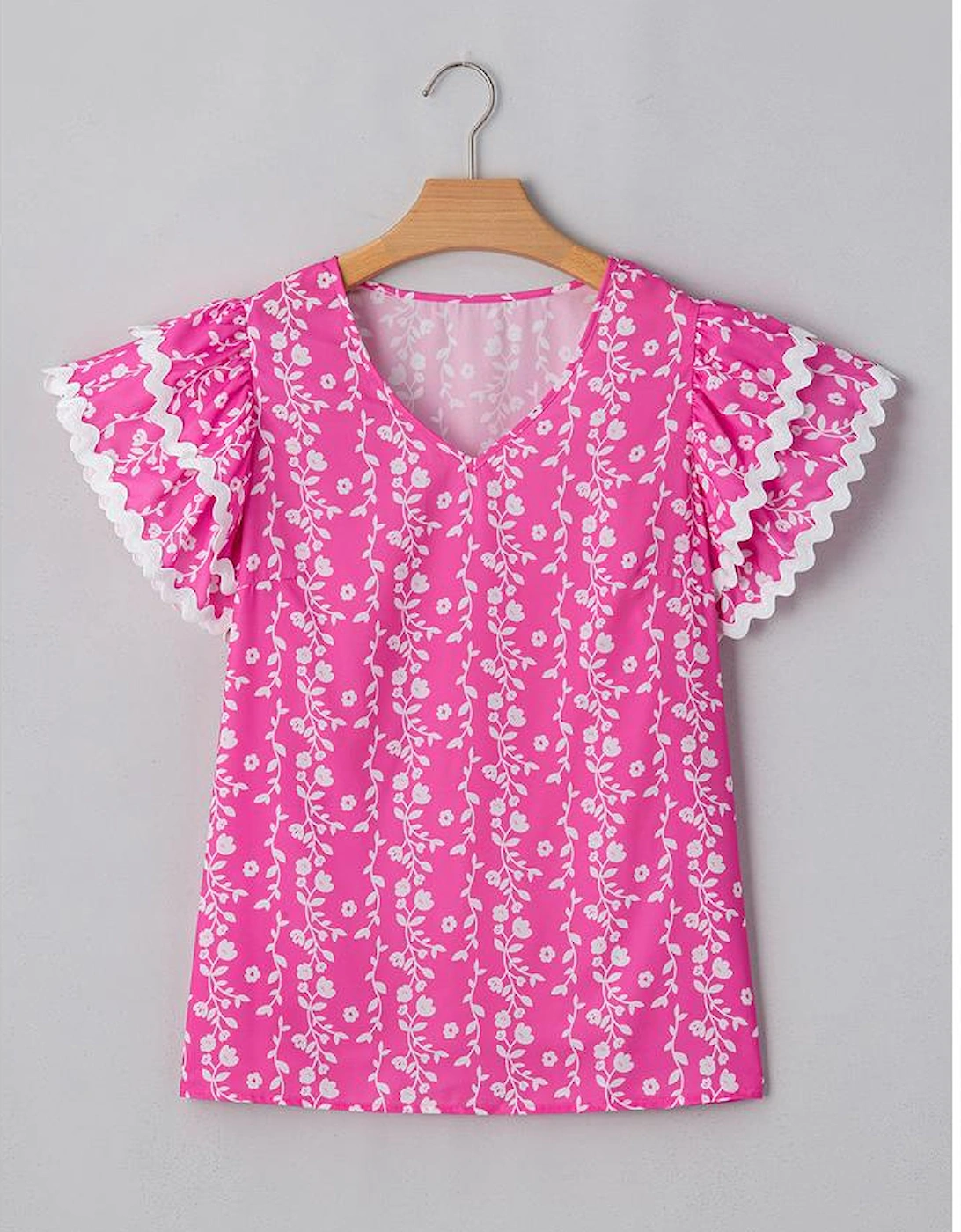 Pink Floral Print Ric-rac Tiered Ruffled V Neck Blouse