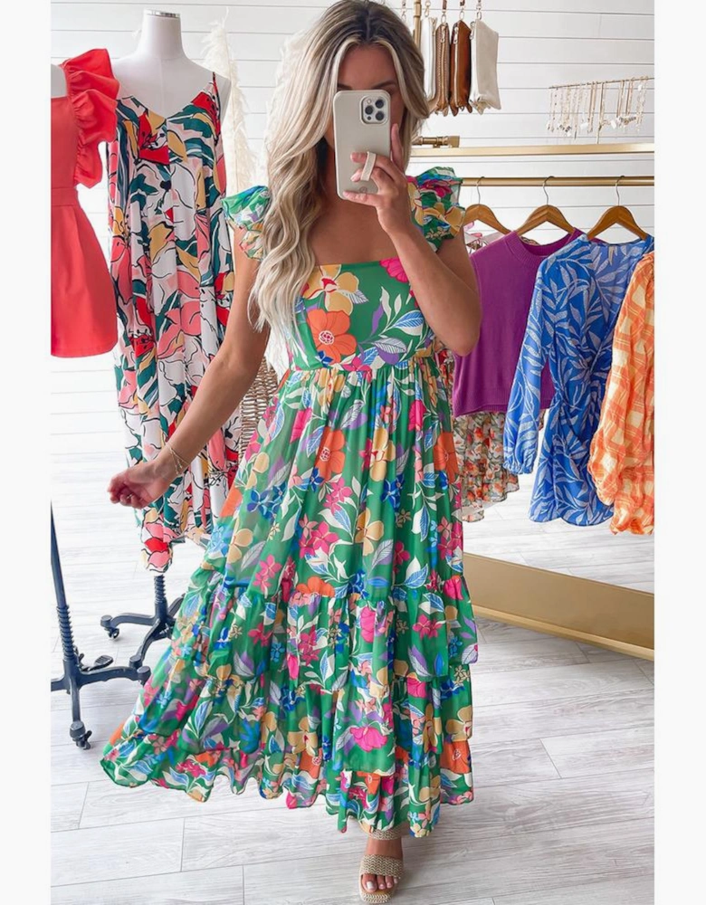 Green Floral Print Sleeveless Ruffle Tiered Maxi Dress