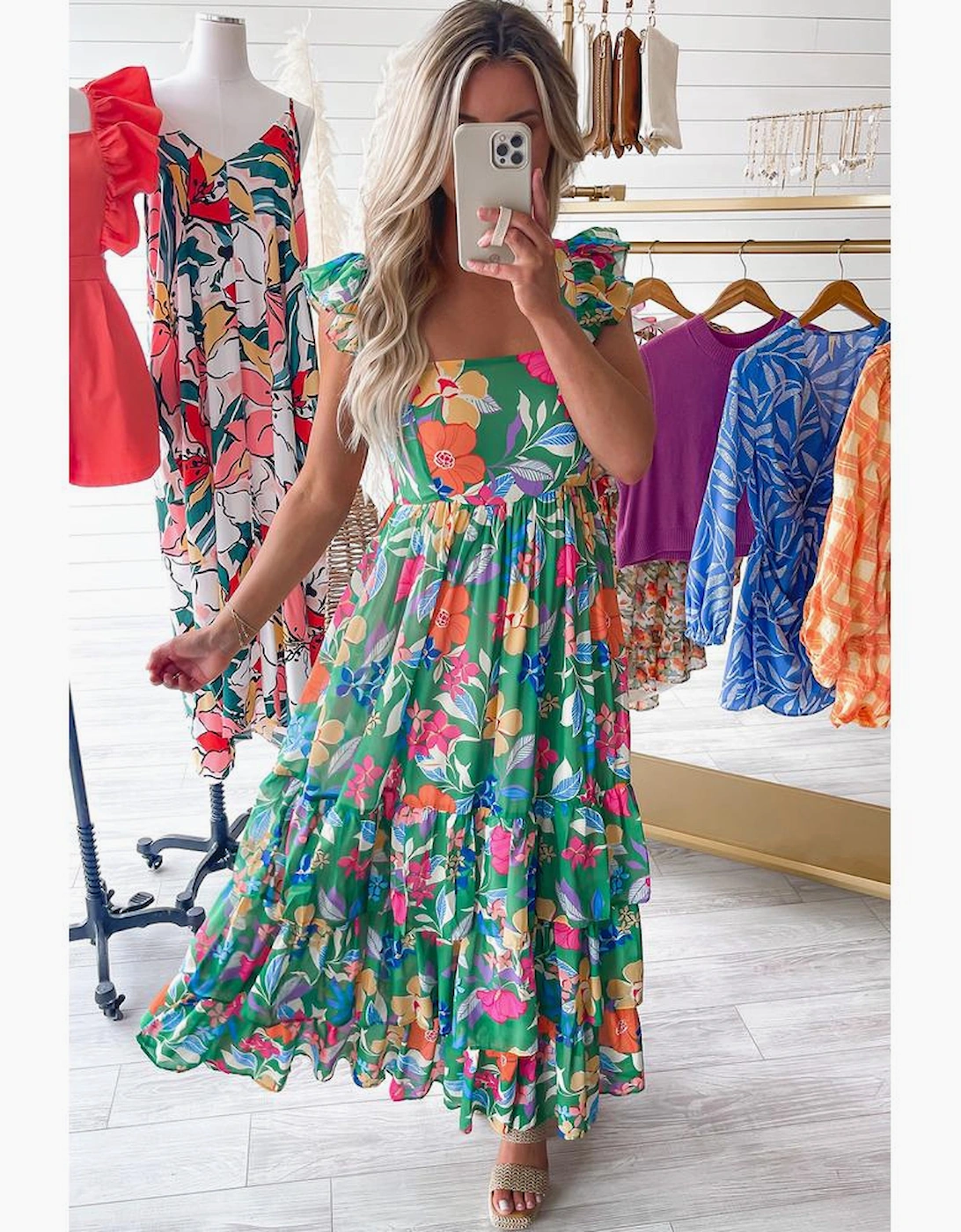 Green Floral Print Sleeveless Ruffle Tiered Maxi Dress