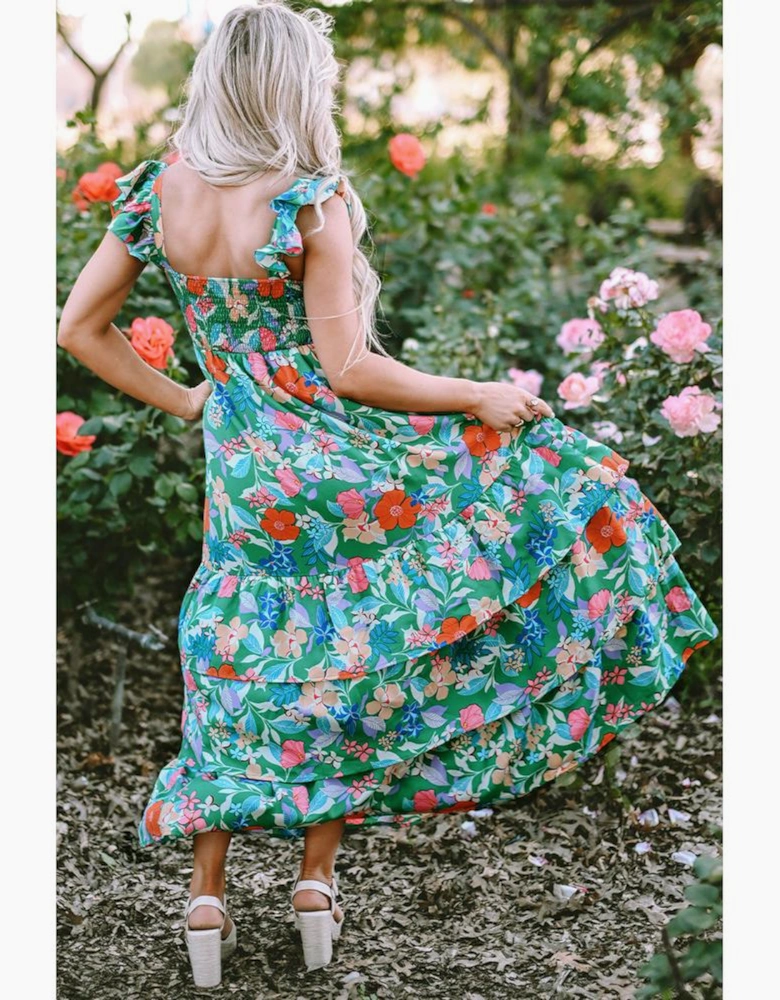 Green Floral Print Sleeveless Ruffle Tiered Maxi Dress
