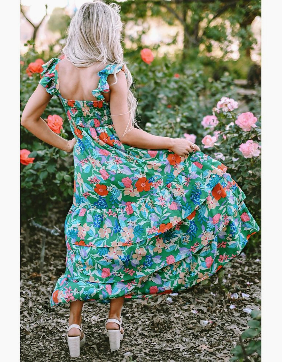 Green Floral Print Sleeveless Ruffle Tiered Maxi Dress