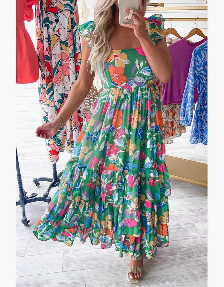 Green Floral Print Sleeveless Ruffle Tiered Maxi Dress