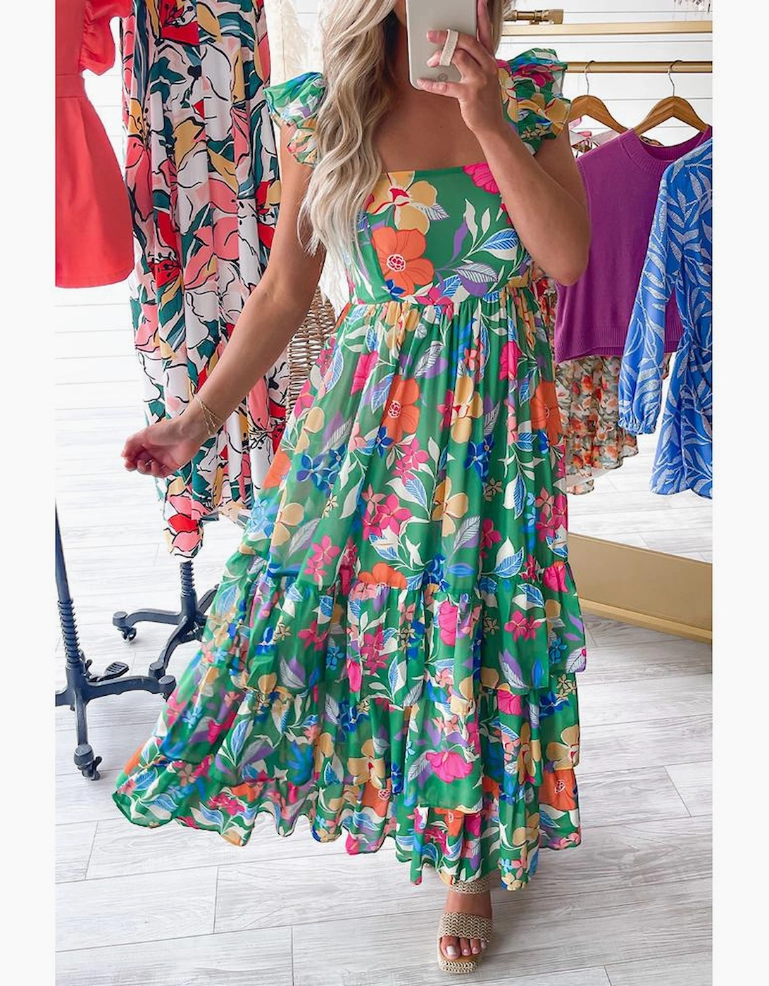 Green Floral Print Sleeveless Ruffle Tiered Maxi Dress