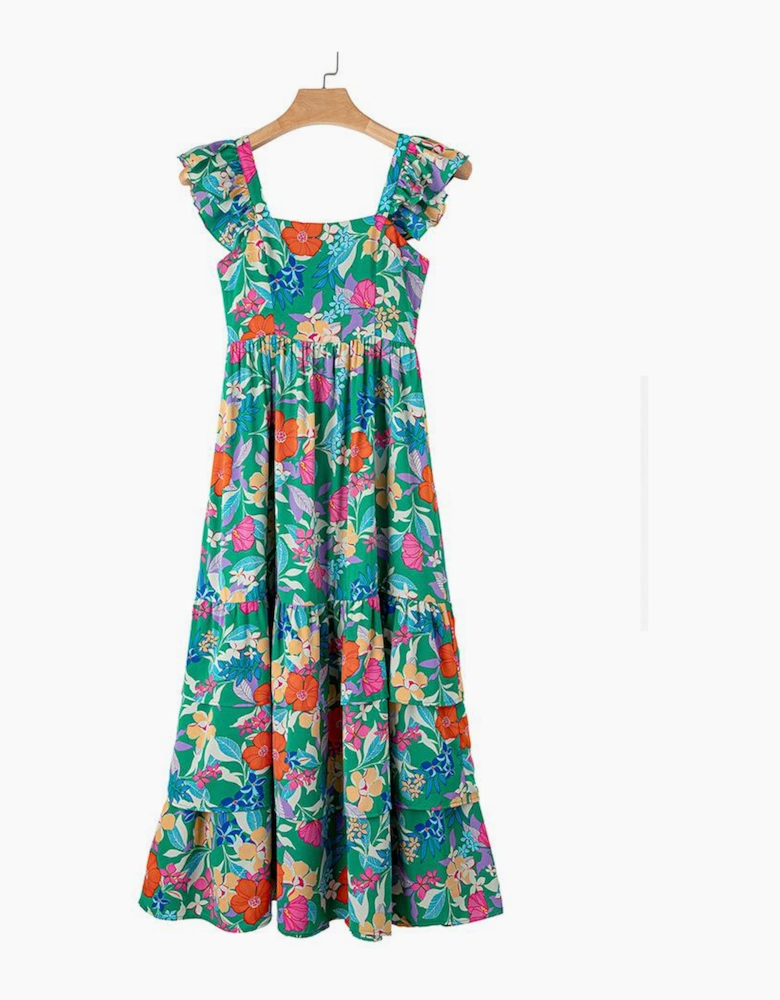 Green Floral Print Sleeveless Ruffle Tiered Maxi Dress