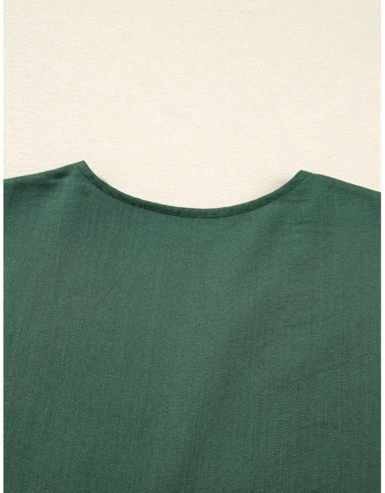 Canton Contrast Ricrac Trim Button V Neck Knotted Bracelet Sleeve Shift Dress