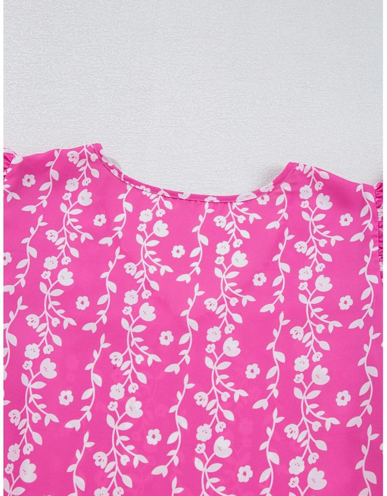 Pink Floral Print Ric-rac Tiered Ruffled V Neck Blouse