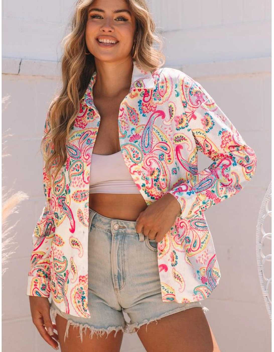 White Paisley Pattern Print Buttoned Corduroy Shacket