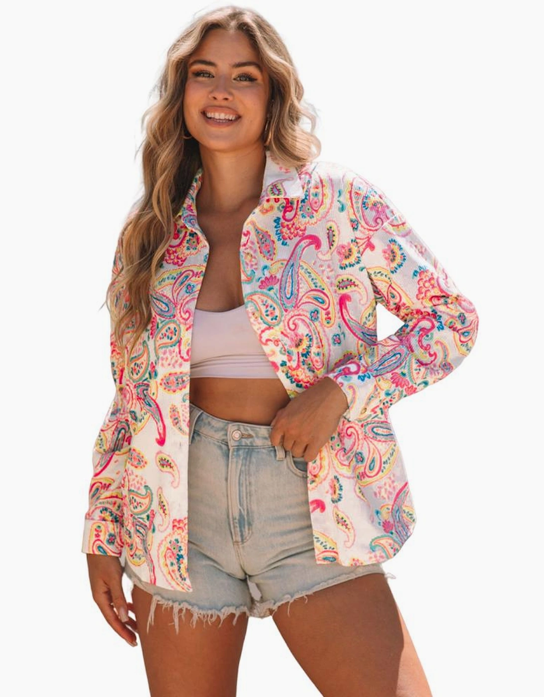 White Paisley Pattern Print Buttoned Corduroy Shacket