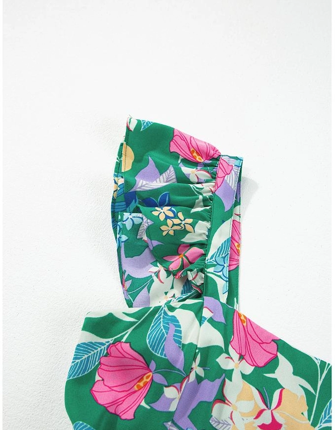 Green Floral Print Sleeveless Ruffle Tiered Maxi Dress