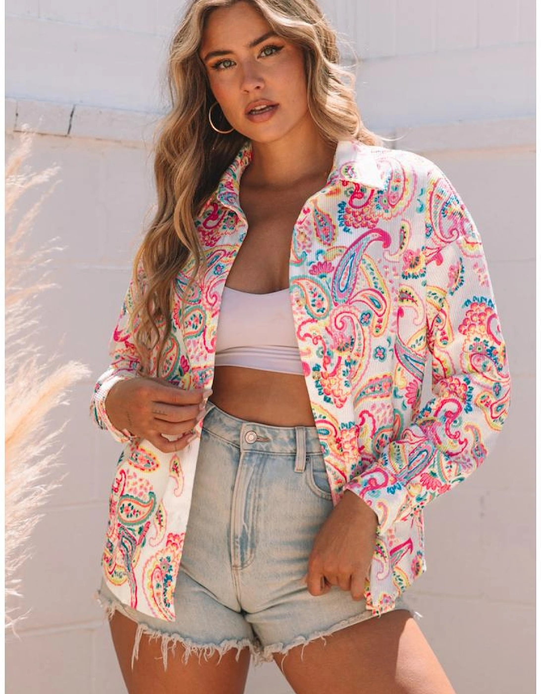 White Paisley Pattern Print Buttoned Corduroy Shacket, 8 of 7