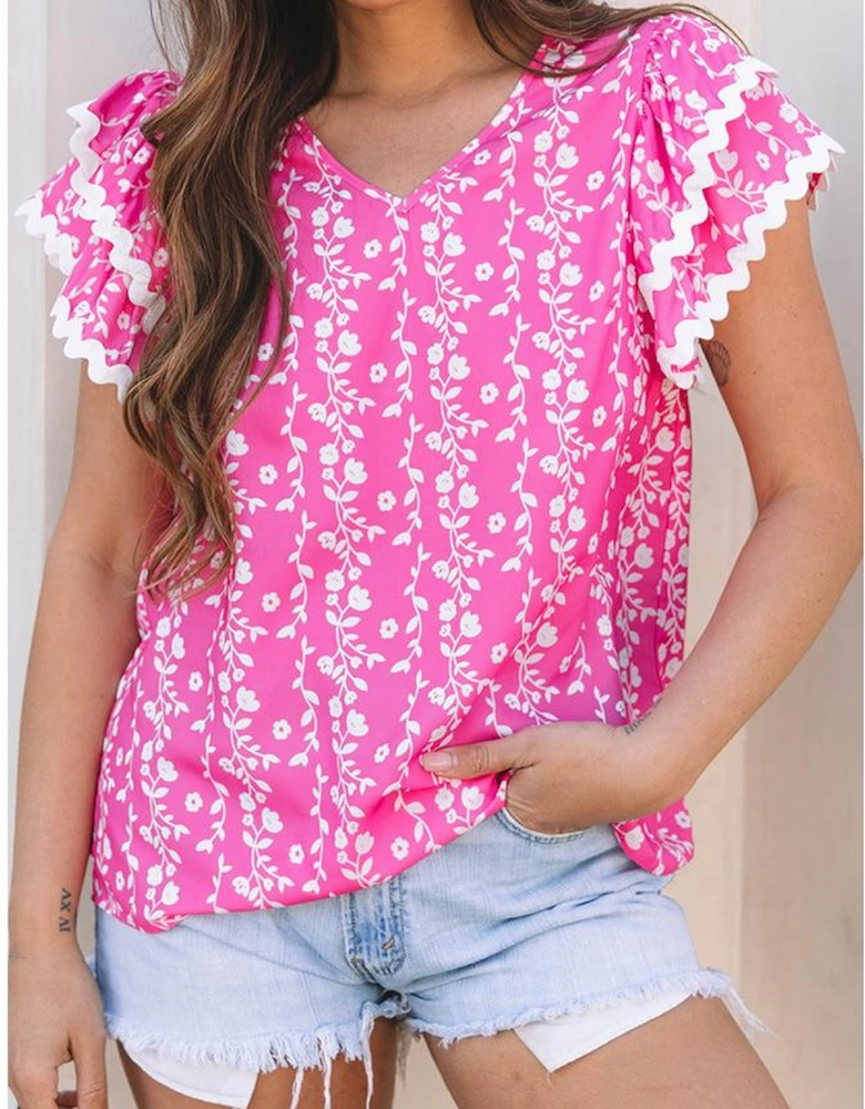 Pink Floral Print Ric-rac Tiered Ruffled V Neck Blouse