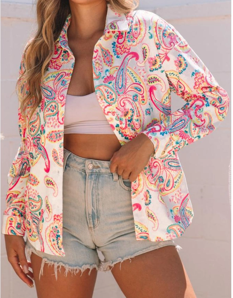 White Paisley Pattern Print Buttoned Corduroy Shacket