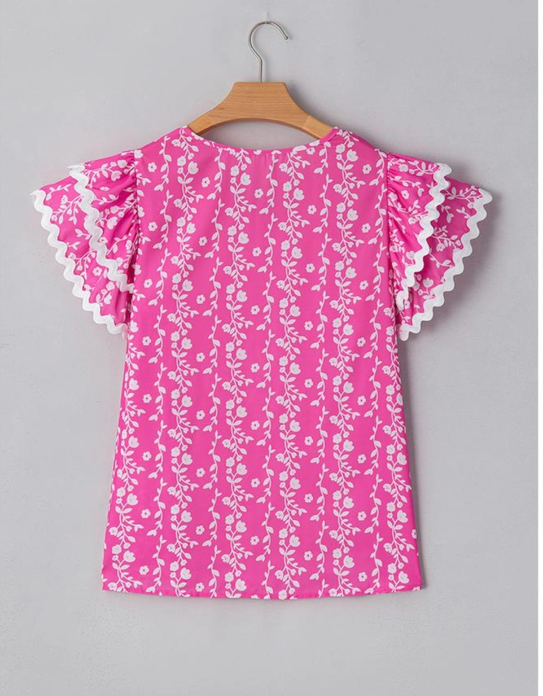 Pink Floral Print Ric-rac Tiered Ruffled V Neck Blouse