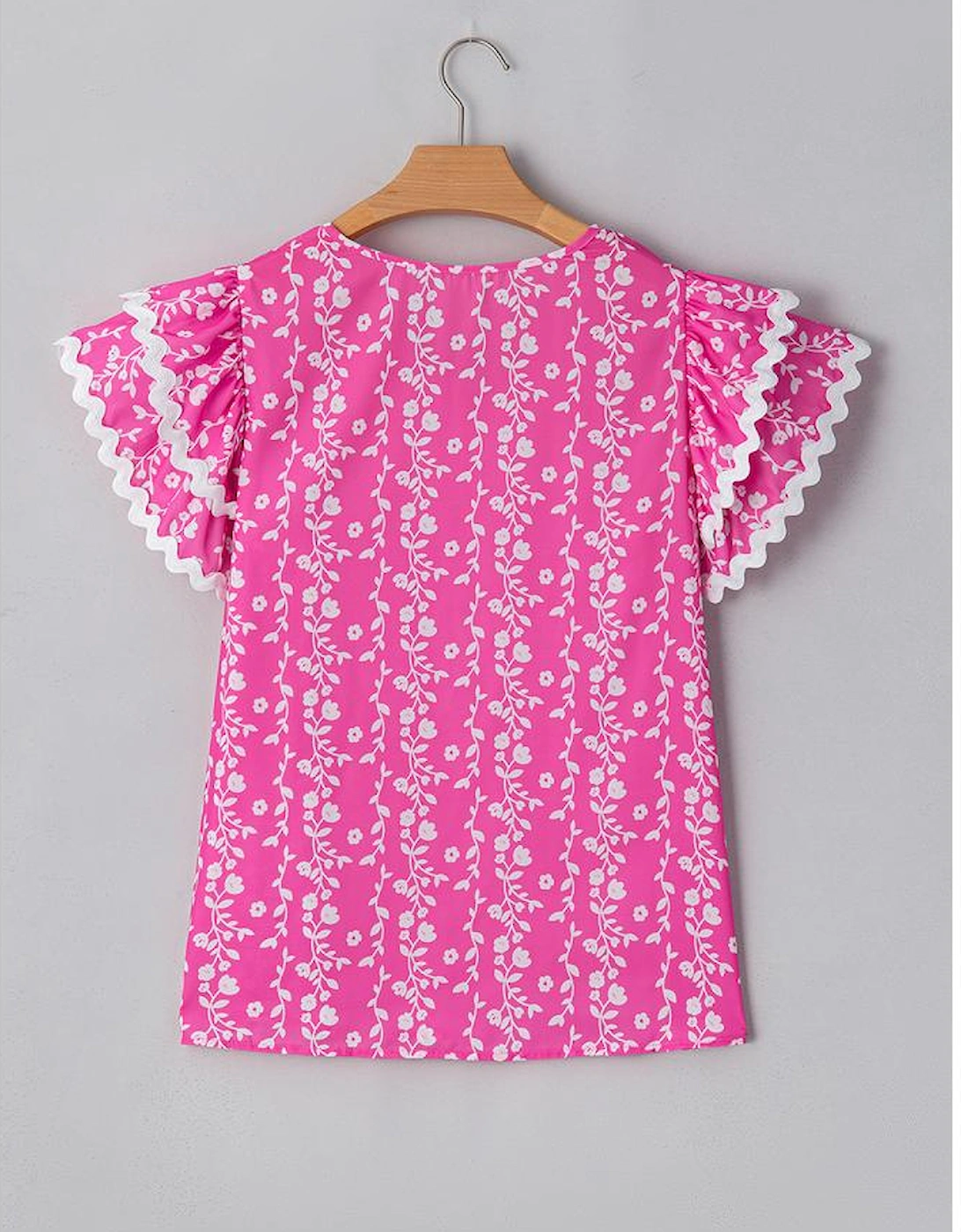Pink Floral Print Ric-rac Tiered Ruffled V Neck Blouse