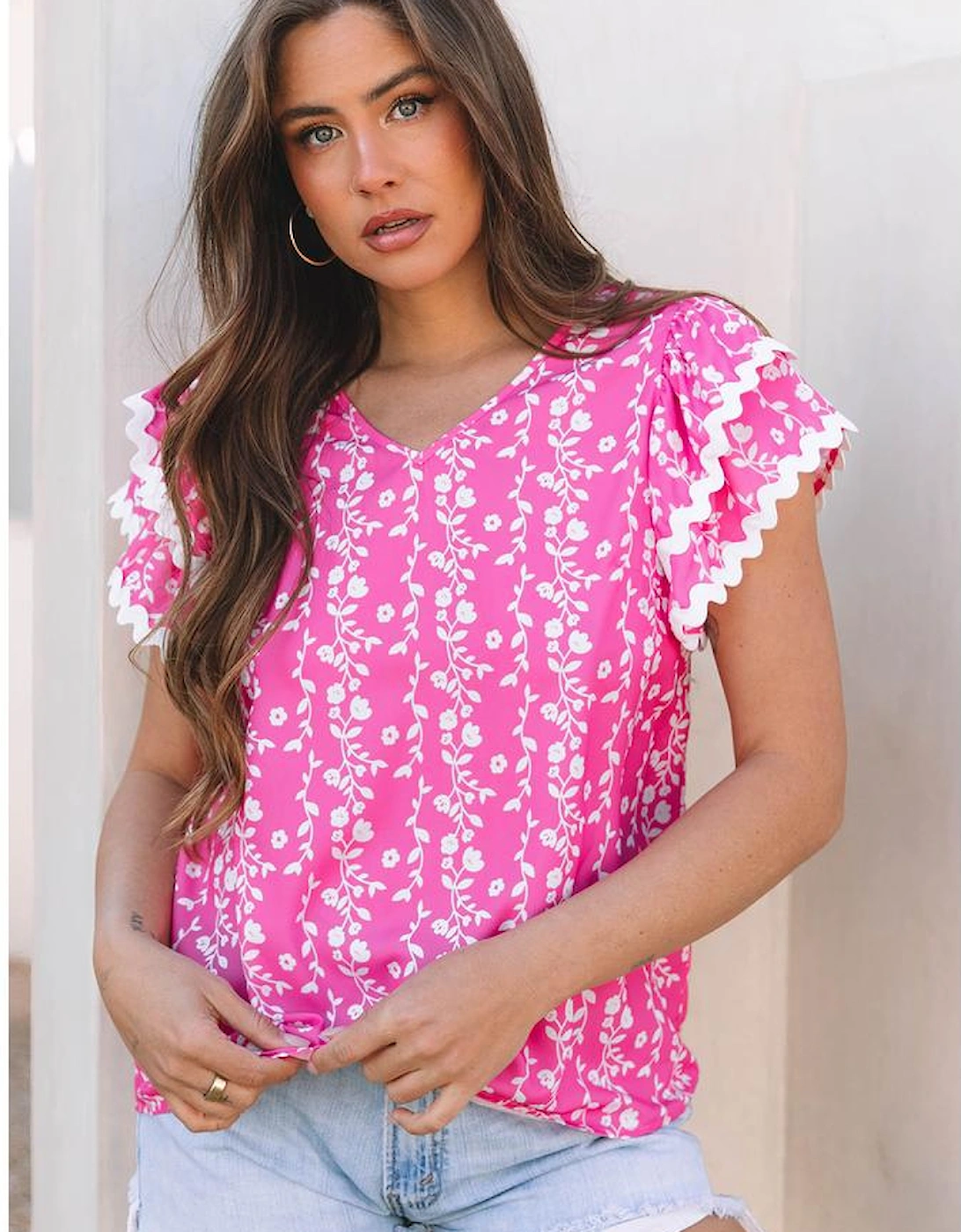 Pink Floral Print Ric-rac Tiered Ruffled V Neck Blouse