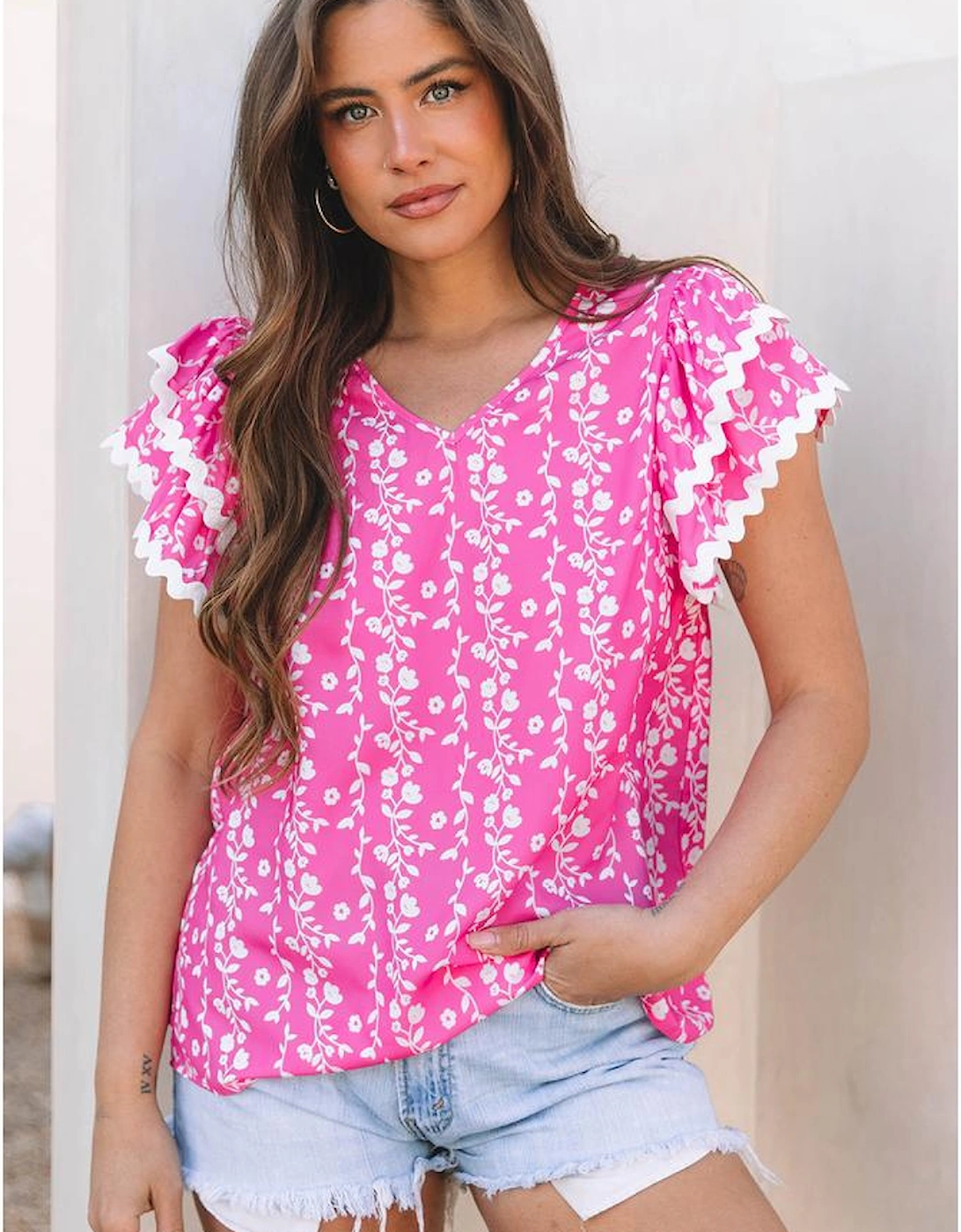 Pink Floral Print Ric-rac Tiered Ruffled V Neck Blouse