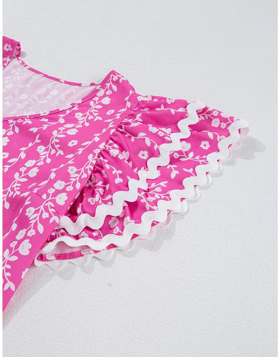 Pink Floral Print Ric-rac Tiered Ruffled V Neck Blouse