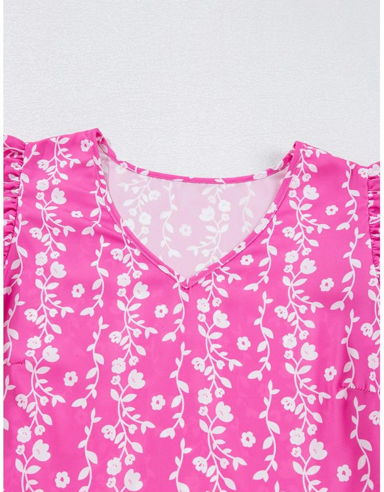 Pink Floral Print Ric-rac Tiered Ruffled V Neck Blouse