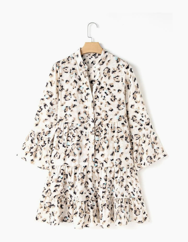 Khaki Leopard Print Buttoned Front 3/4 Sleeve Tiered Ruffled Hem Dress