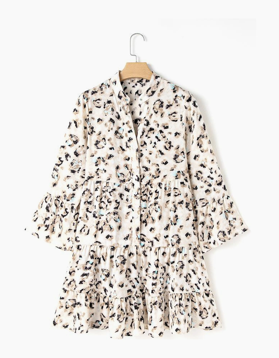 Khaki Leopard Print Buttoned Front 3/4 Sleeve Tiered Ruffled Hem Dress