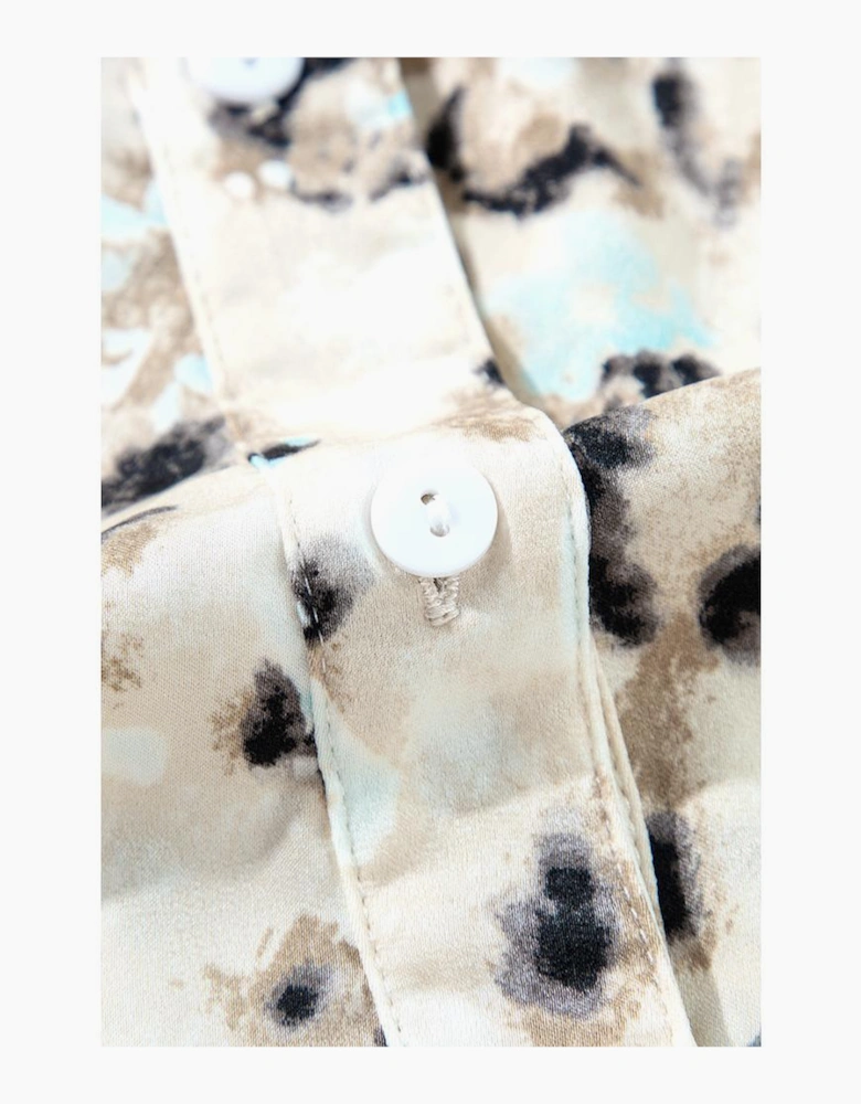 Khaki Leopard Print Buttoned Front 3/4 Sleeve Tiered Ruffled Hem Dress