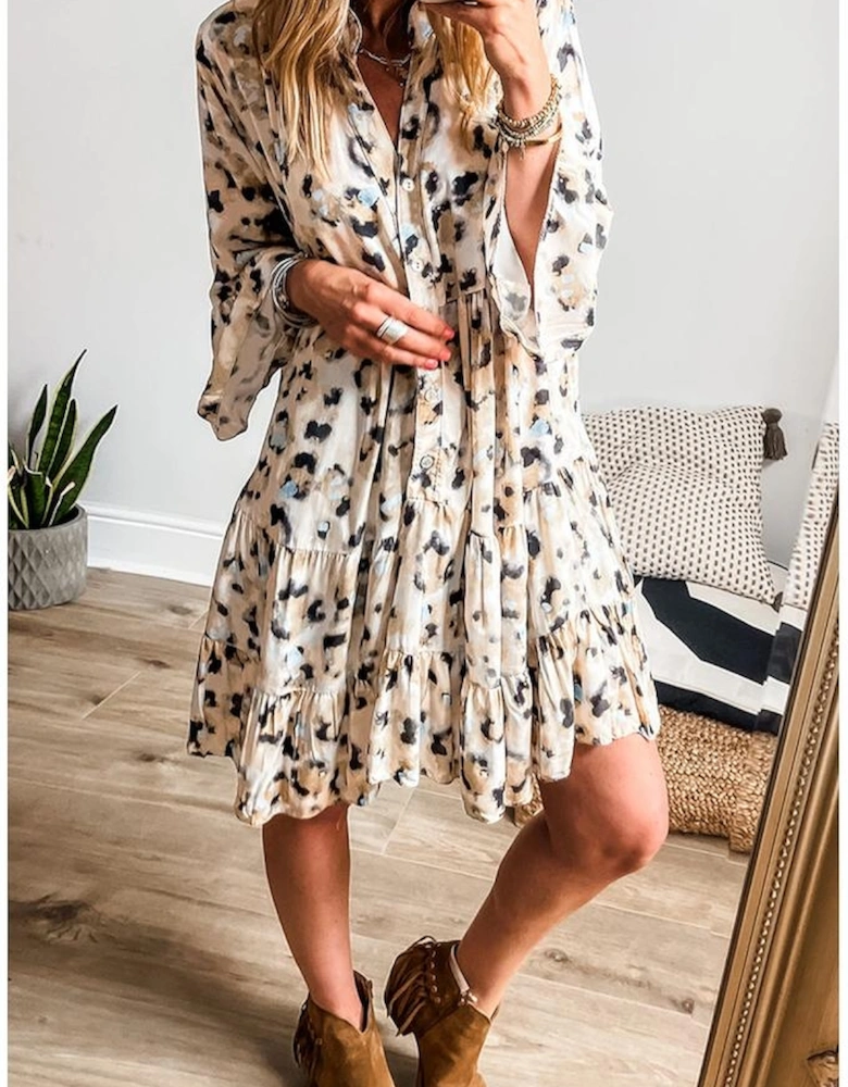 Khaki Leopard Print Buttoned Front 3/4 Sleeve Tiered Ruffled Hem Dress