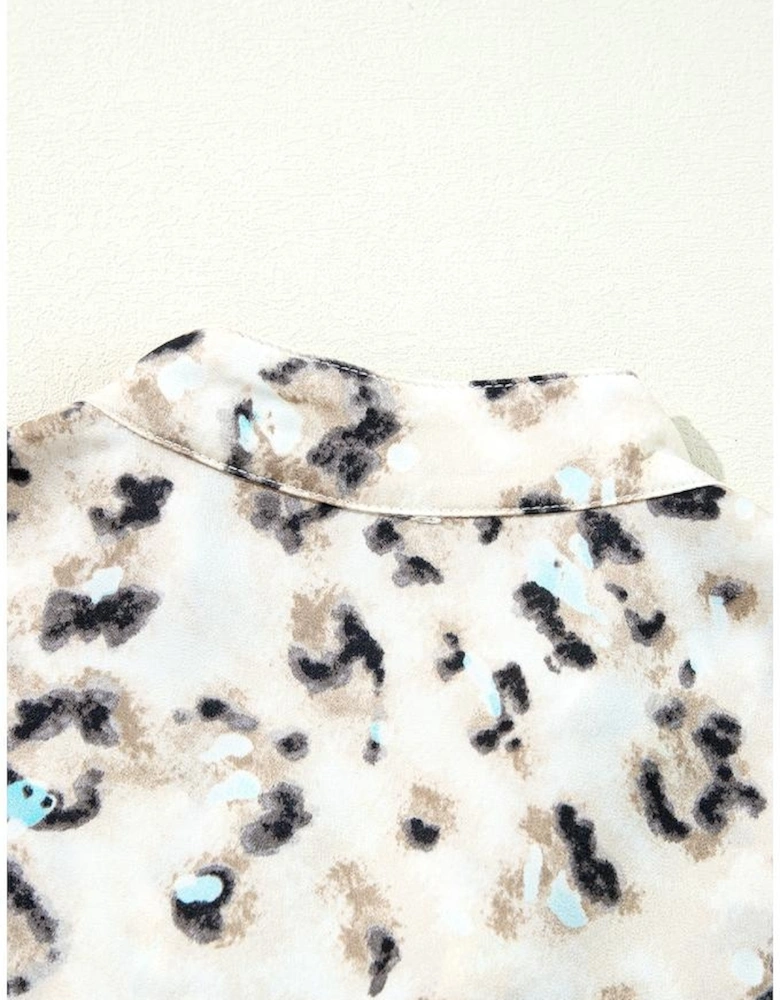 Khaki Leopard Print Buttoned Front 3/4 Sleeve Tiered Ruffled Hem Dress