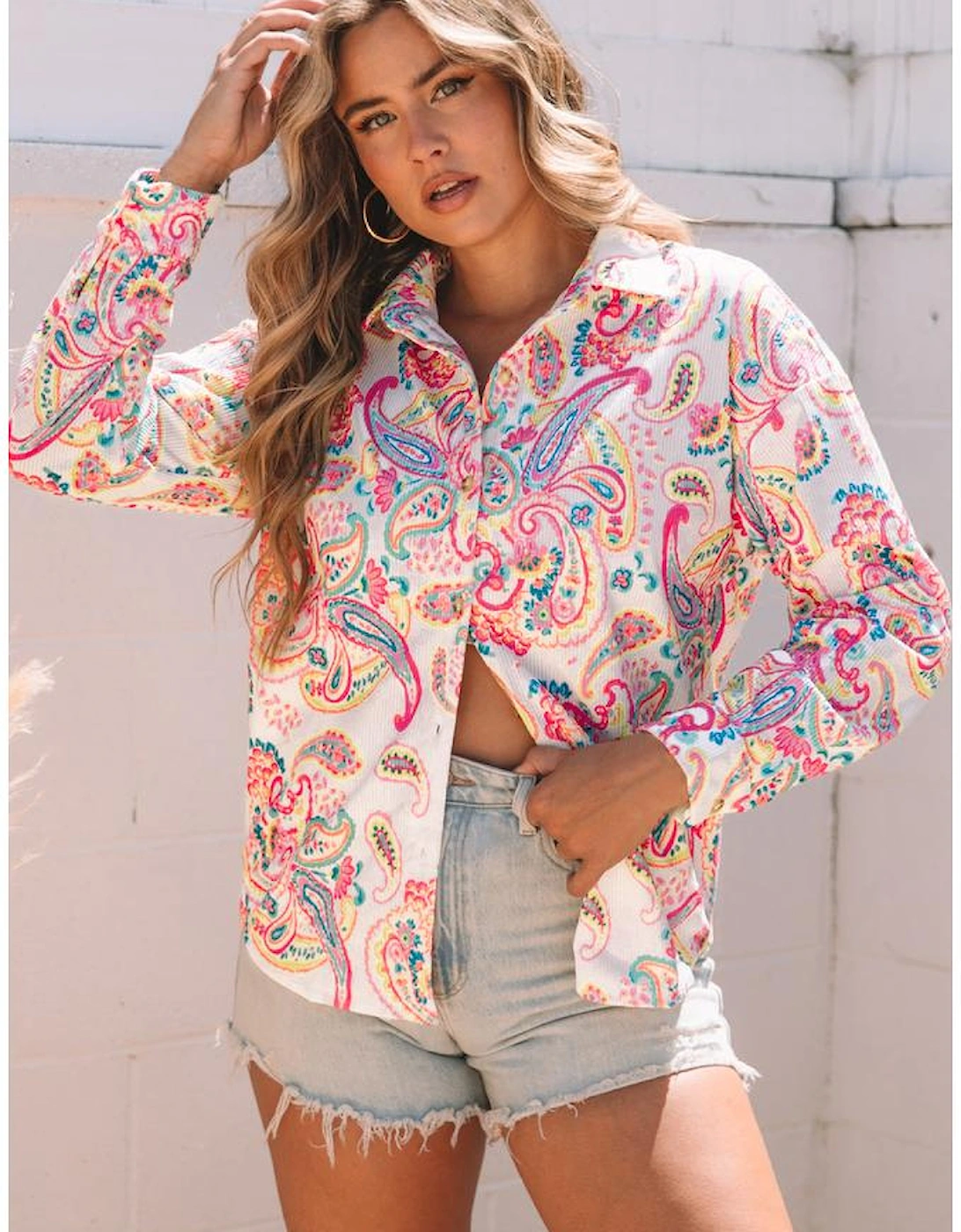 White Paisley Pattern Print Buttoned Corduroy Shacket