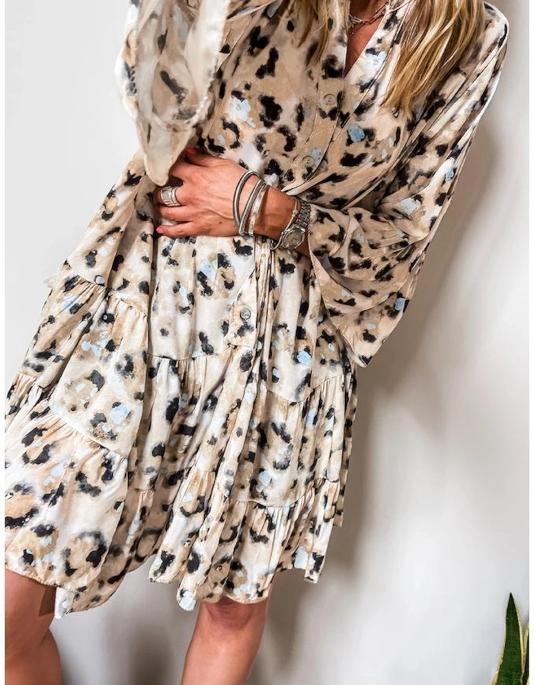 Khaki Leopard Print Buttoned Front 3/4 Sleeve Tiered Ruffled Hem Dress