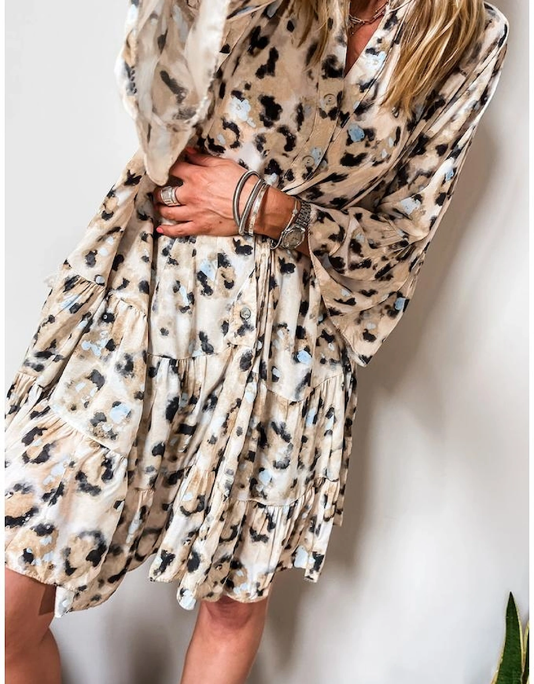 Khaki Leopard Print Buttoned Front 3/4 Sleeve Tiered Ruffled Hem Dress