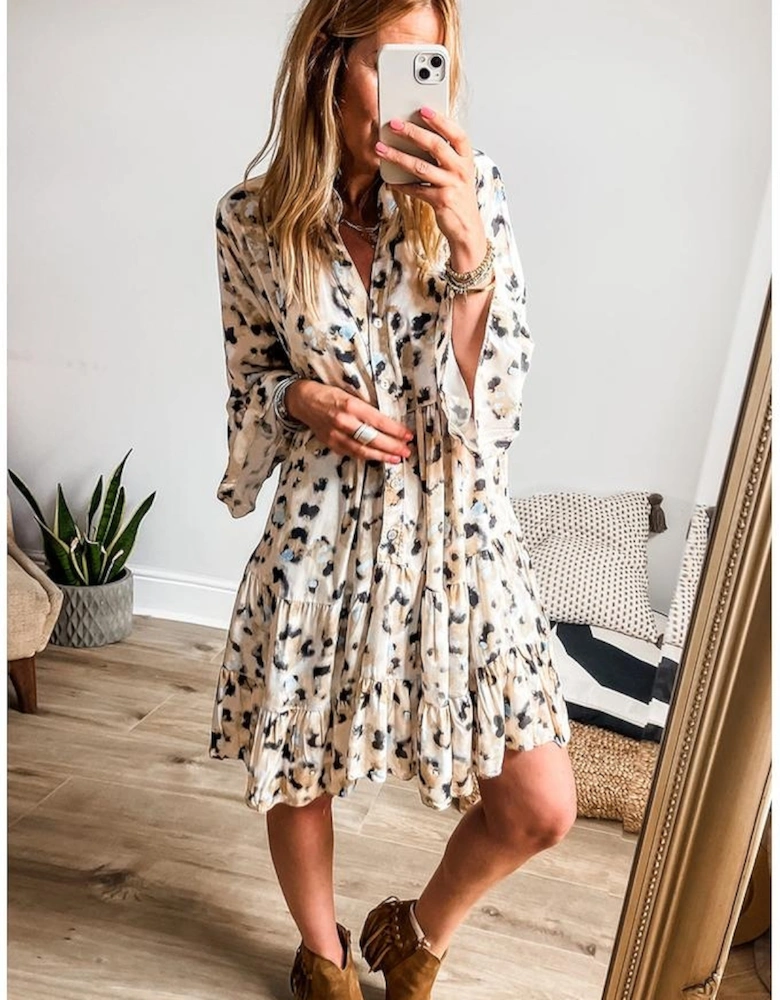 Khaki Leopard Print Buttoned Front 3/4 Sleeve Tiered Ruffled Hem Dress