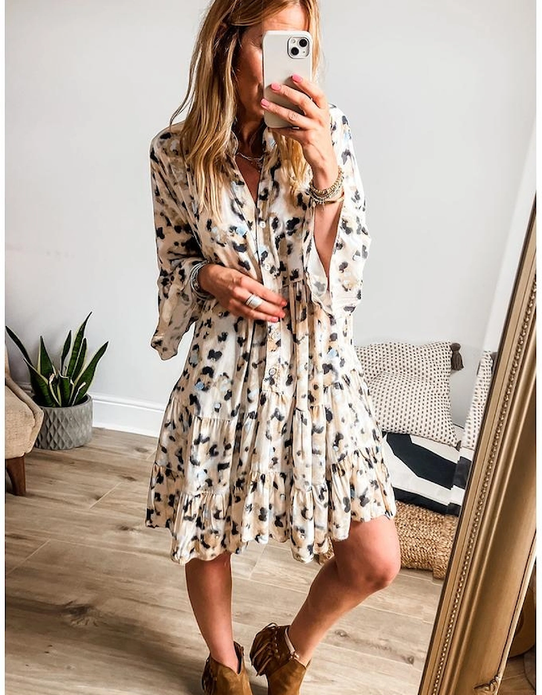 Khaki Leopard Print Buttoned Front 3/4 Sleeve Tiered Ruffled Hem Dress