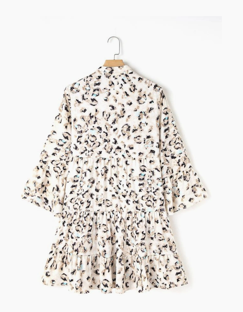 Khaki Leopard Print Buttoned Front 3/4 Sleeve Tiered Ruffled Hem Dress
