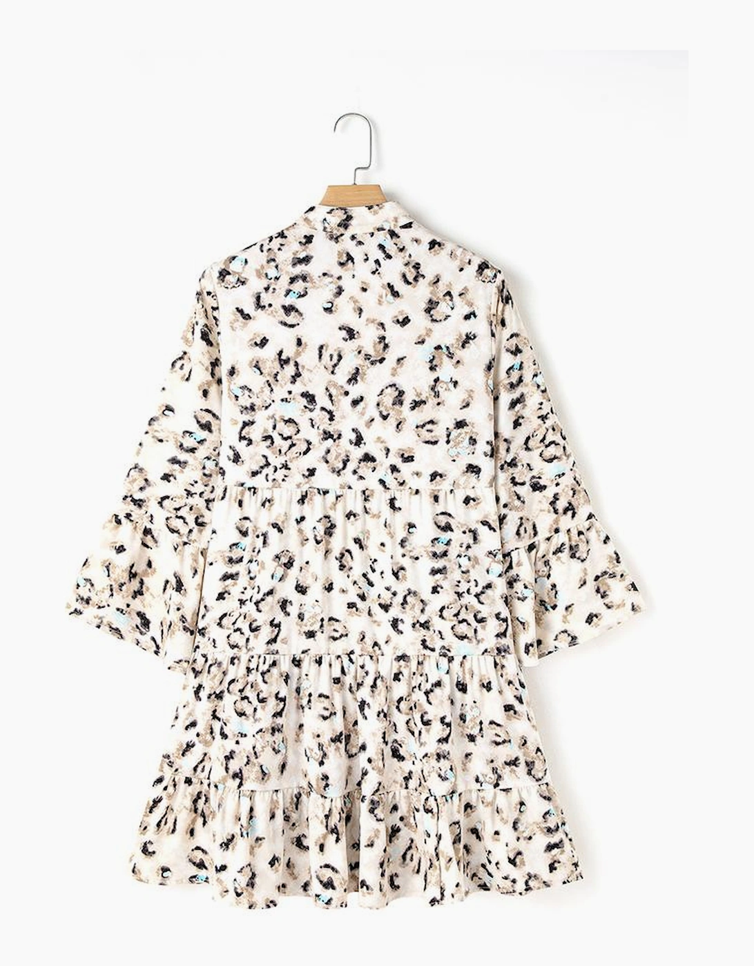 Khaki Leopard Print Buttoned Front 3/4 Sleeve Tiered Ruffled Hem Dress