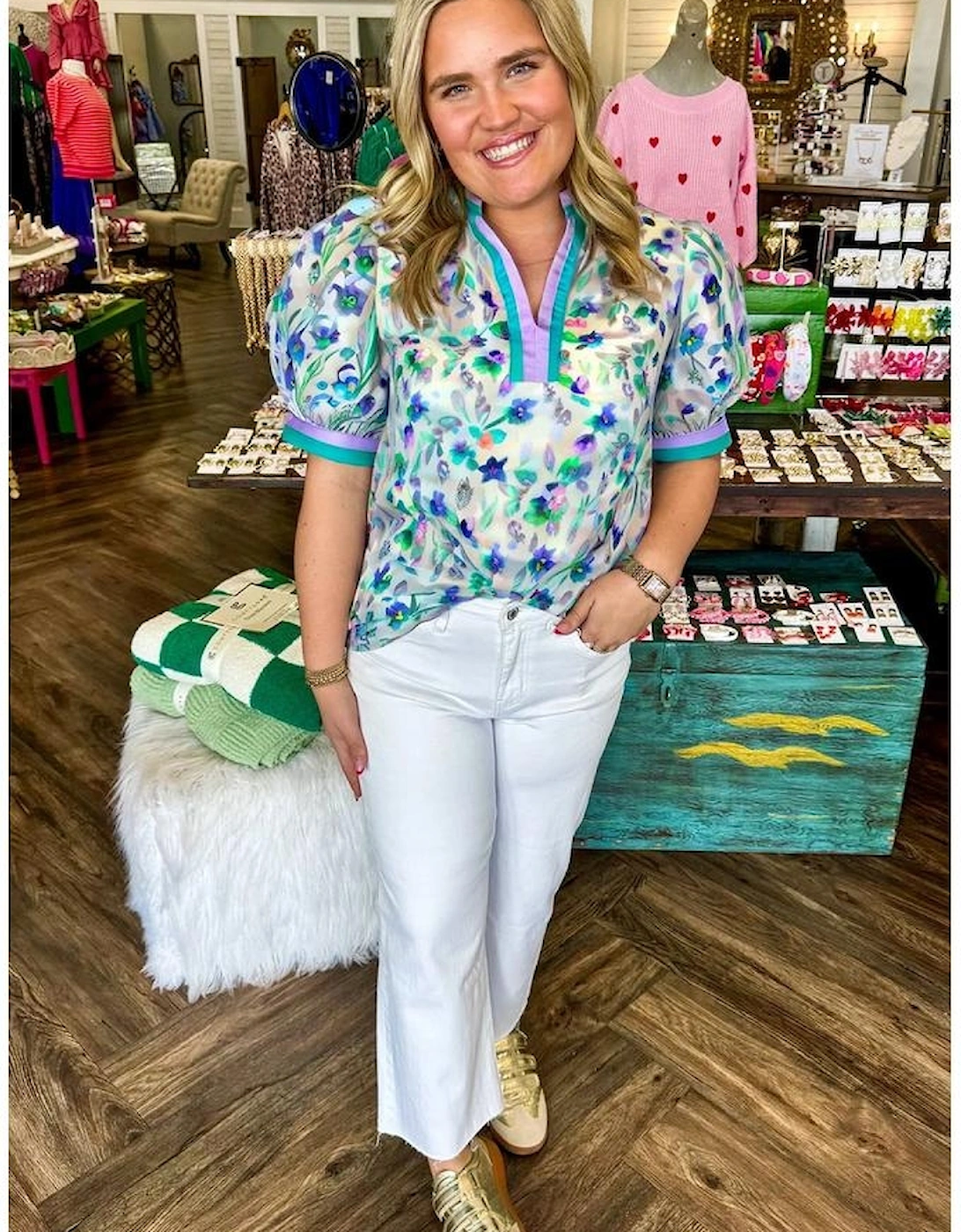 Green Floral Print Colorblock Edge Puff Sleeve Split Neck Plus Size Blouse, 11 of 10