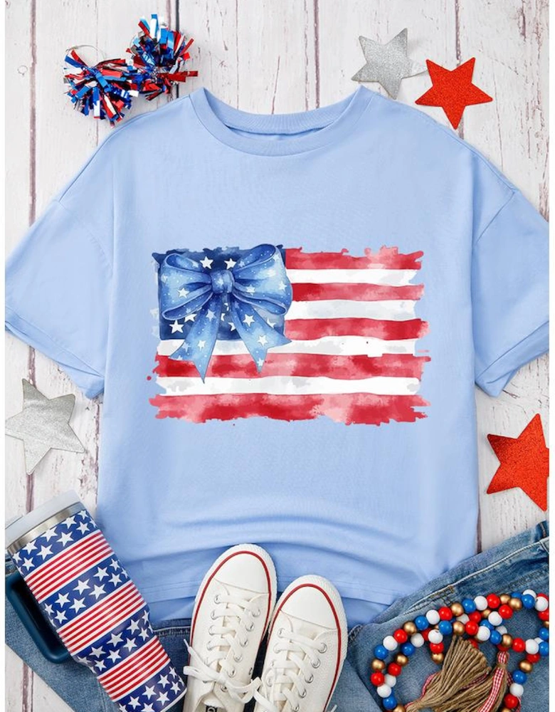 Myosotis American Flag Bow Knot Print Half Sleeve T Shirt