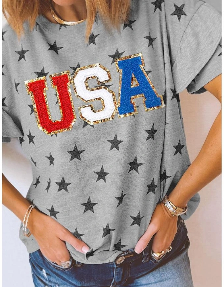 Gray USA Letter Patched Star Printed Ruffle Trim Sleeves Loose Tee