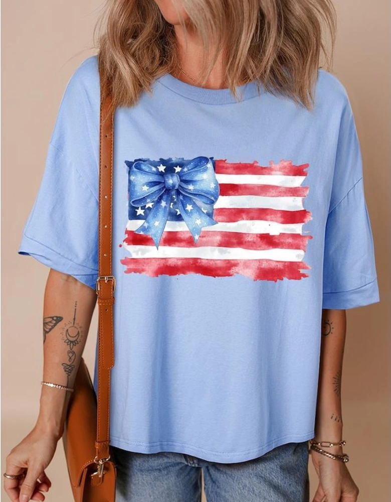 Myosotis American Flag Bow Knot Print Half Sleeve T Shirt