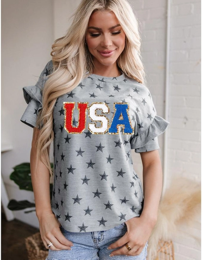 Gray USA Letter Patched Star Printed Ruffle Trim Sleeves Loose Tee