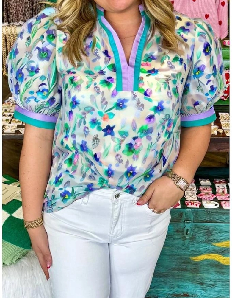 Green Floral Print Colorblock Edge Puff Sleeve Split Neck Plus Size Blouse