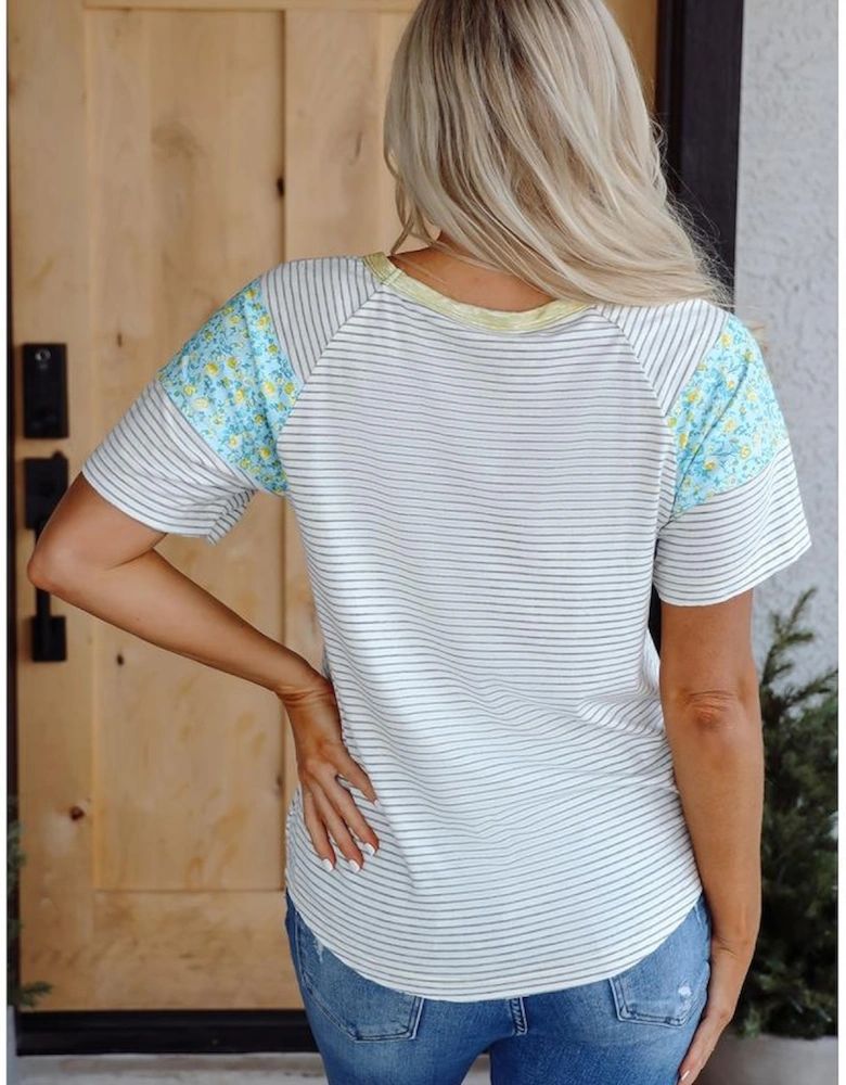 White Stripe Floral Insert Sleeves Contrast Round Neck Tee