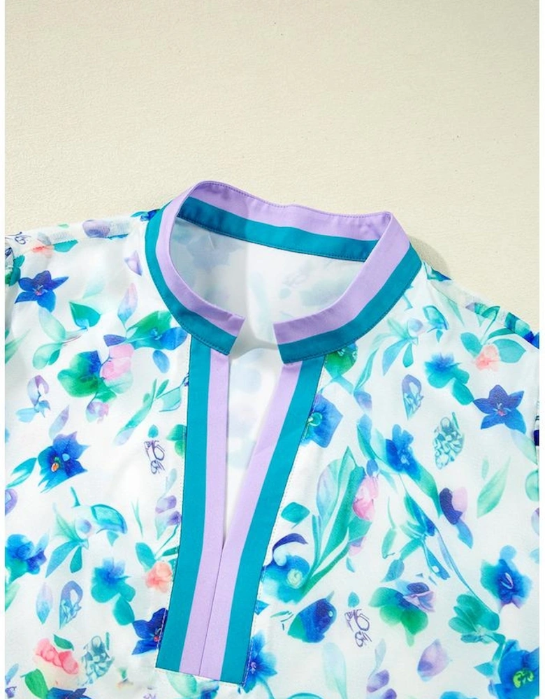 Green Floral Print Colorblock Edge Puff Sleeve Split Neck Plus Size Blouse