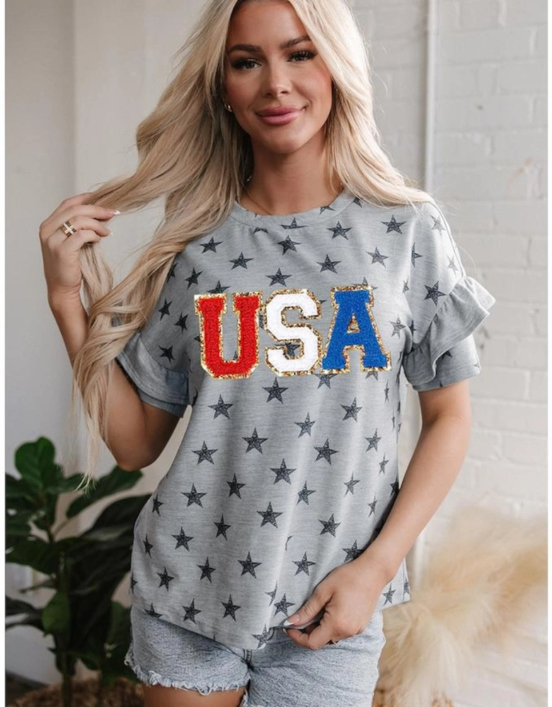 Gray USA Letter Patched Star Printed Ruffle Trim Sleeves Loose Tee