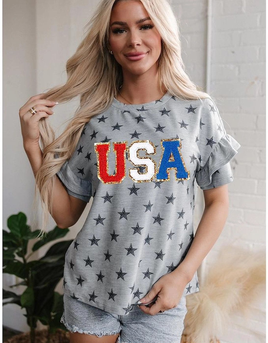 Gray USA Letter Patched Star Printed Ruffle Trim Sleeves Loose Tee