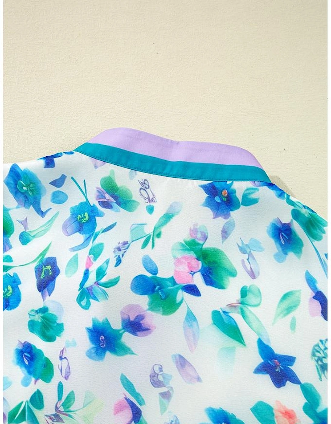 Green Floral Print Colorblock Edge Puff Sleeve Split Neck Plus Size Blouse