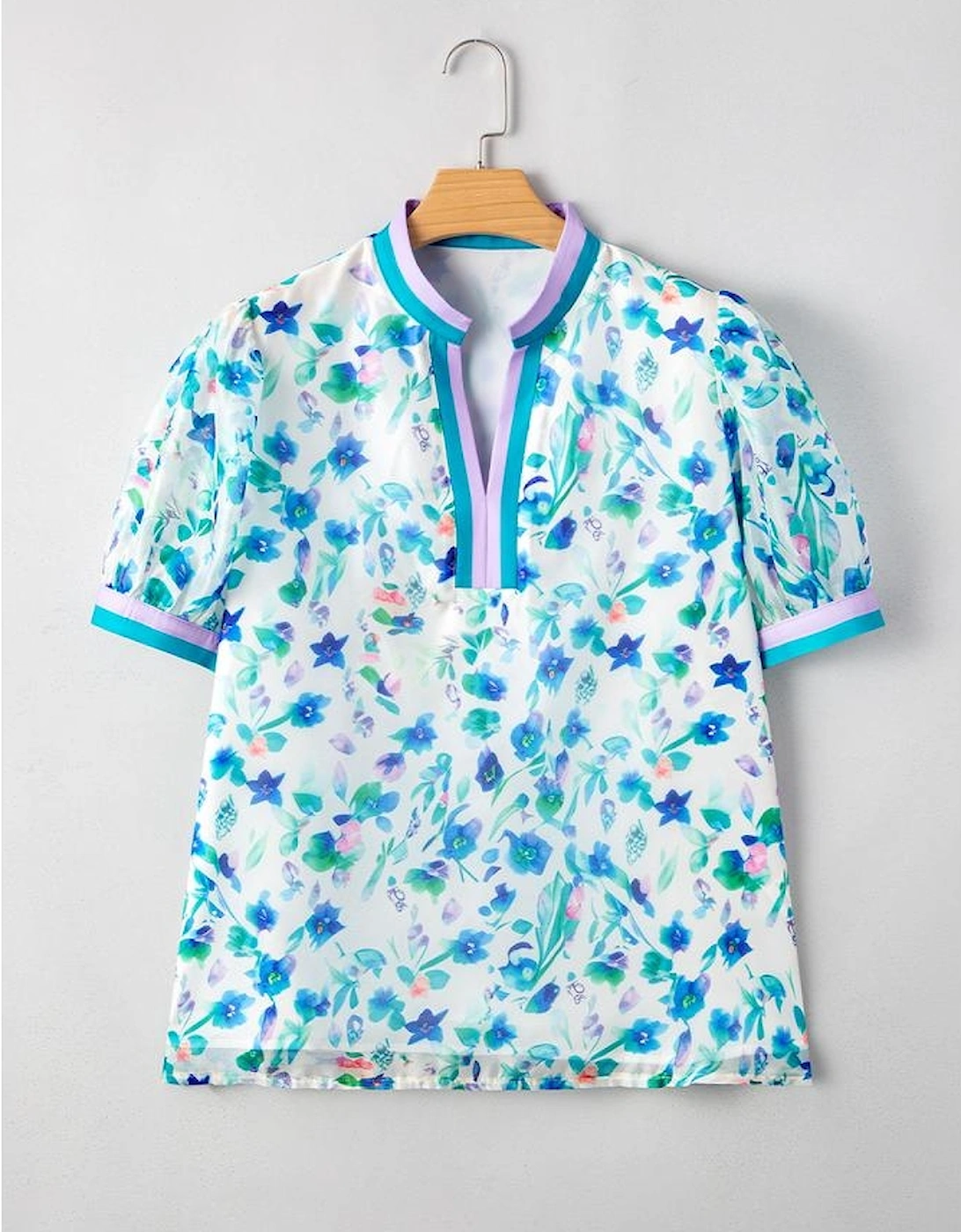 Green Floral Print Colorblock Edge Puff Sleeve Split Neck Plus Size Blouse