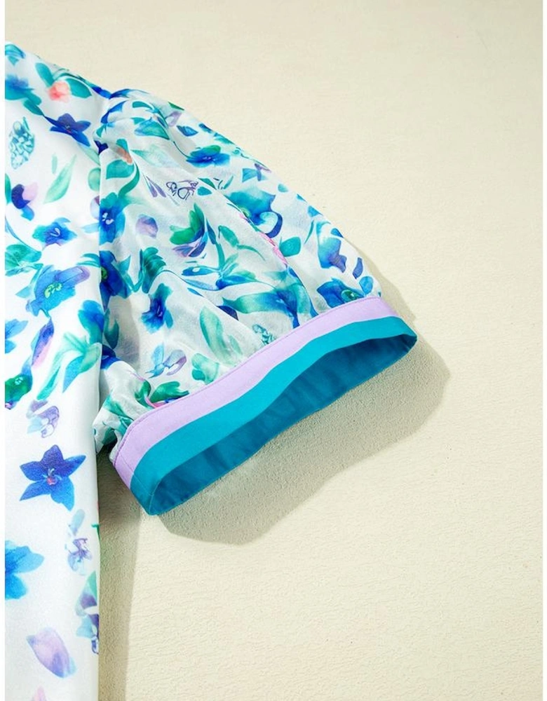 Green Floral Print Colorblock Edge Puff Sleeve Split Neck Plus Size Blouse