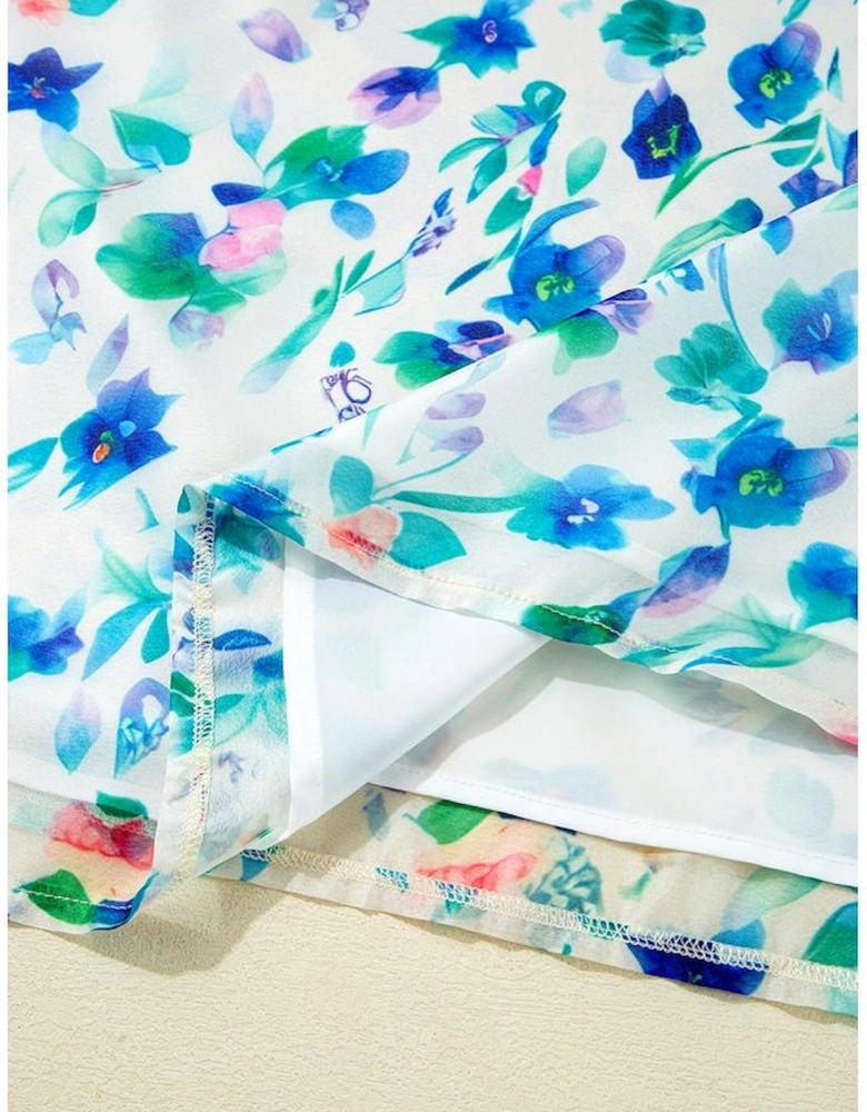 Green Floral Print Colorblock Edge Puff Sleeve Split Neck Plus Size Blouse