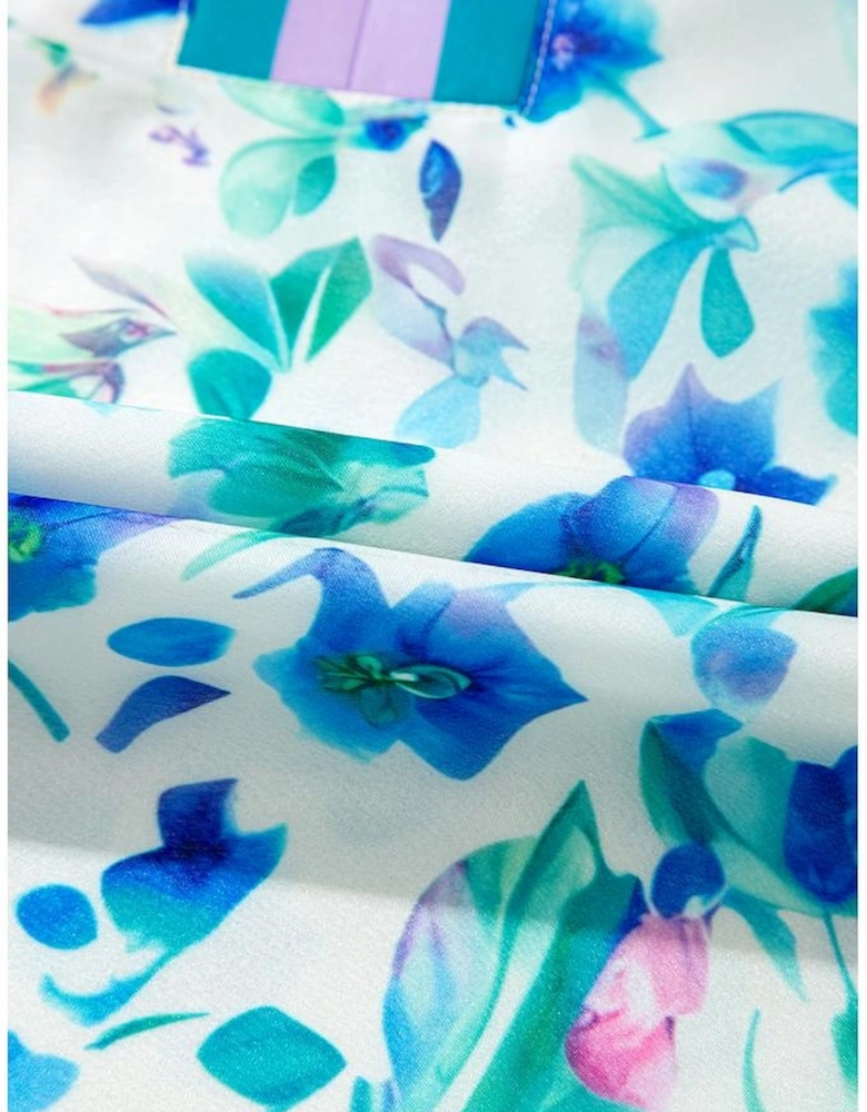 Green Floral Print Colorblock Edge Puff Sleeve Split Neck Plus Size Blouse